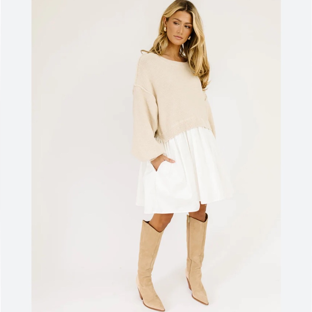 NWT Zoco Wells Sweater Dress Light Tan Sweater with White Skirt.